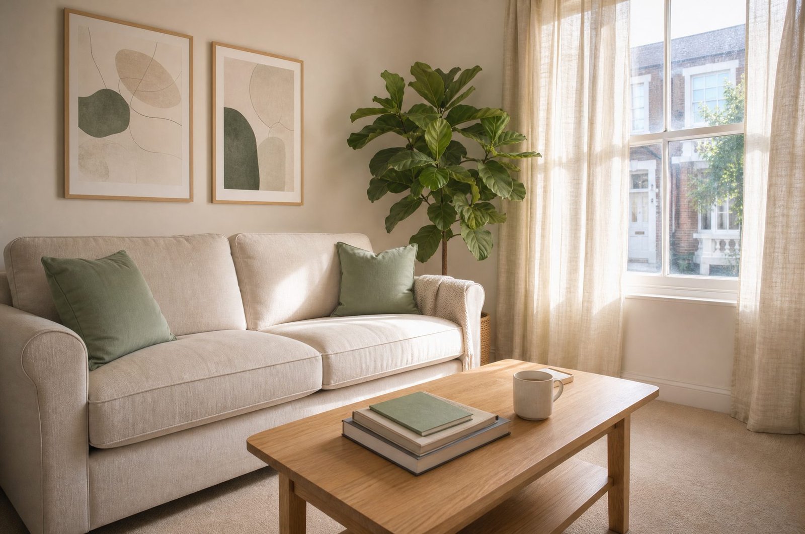 A calm, furnished living room in a Live Safe Housing home